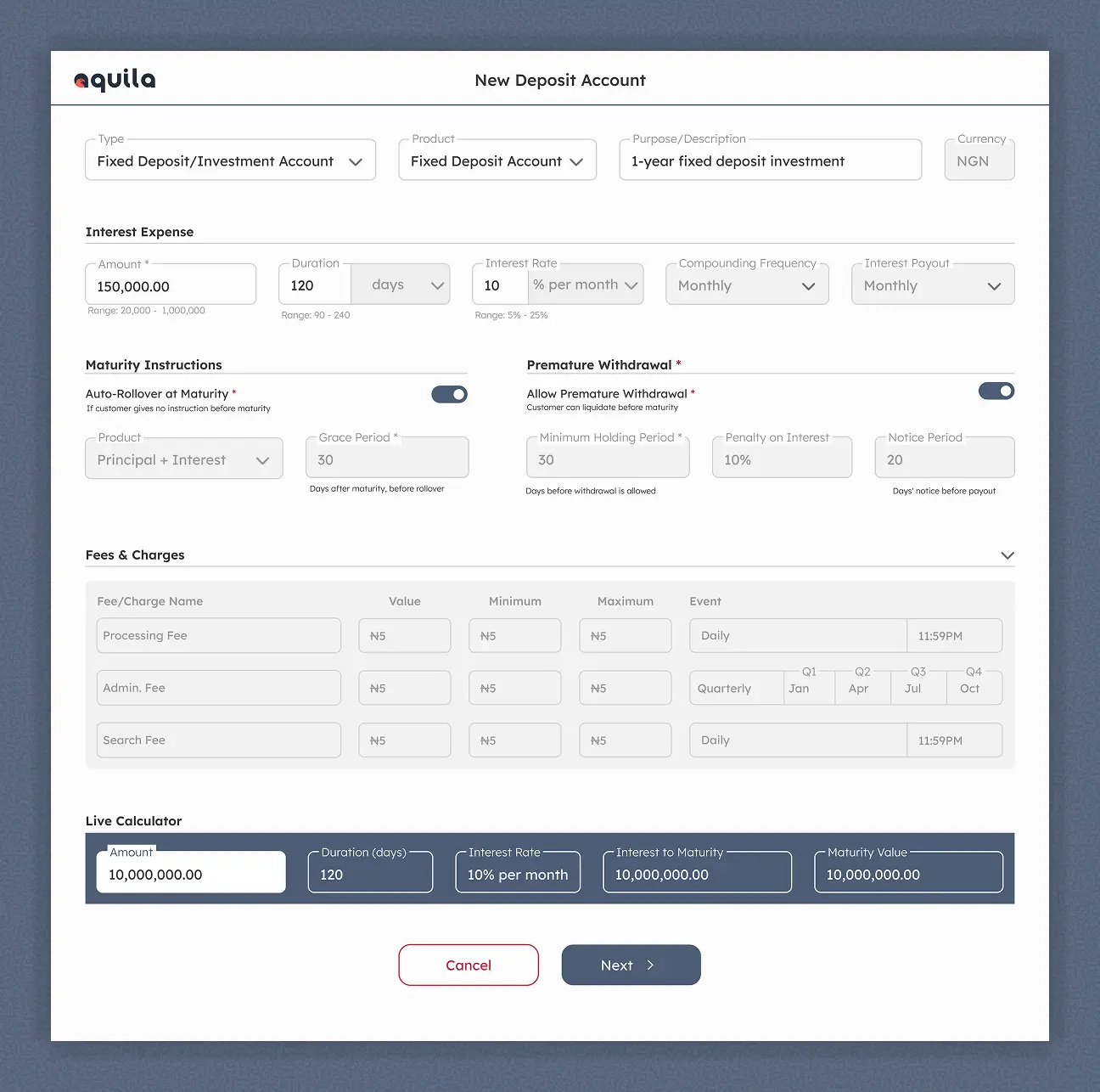 Aquila deposit creation — fixed deposit account