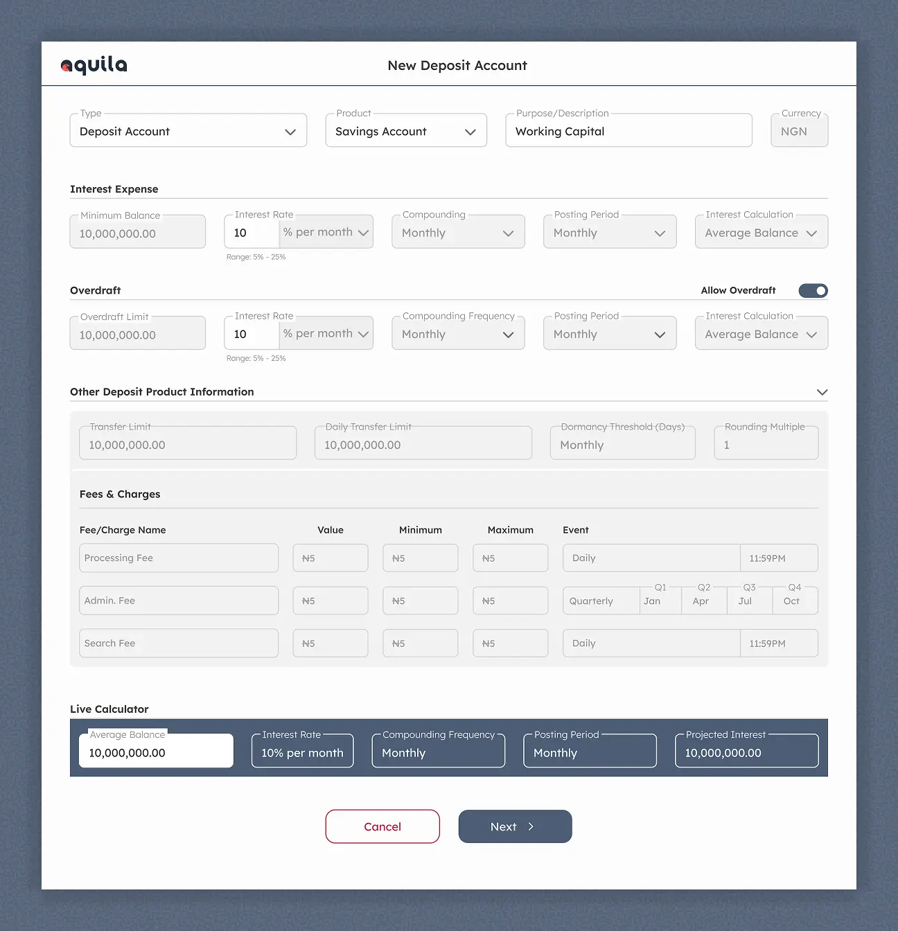 Aquila deposit creation — savings account