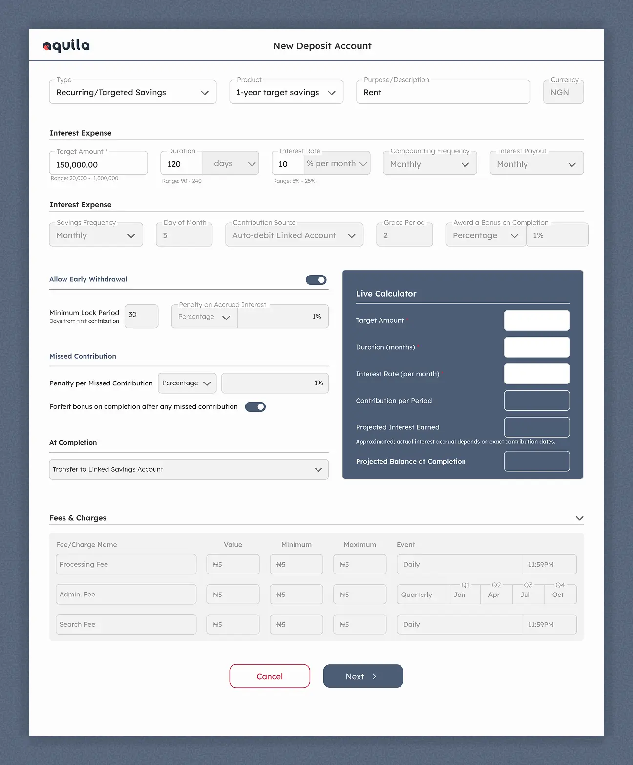 Aquila deposit creation — targeted savings account
