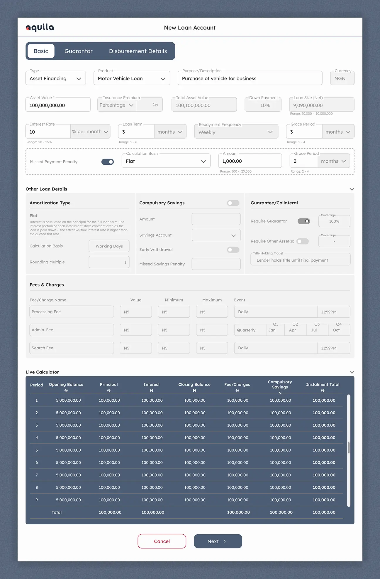 Aquila loan creation — asset financing configuration