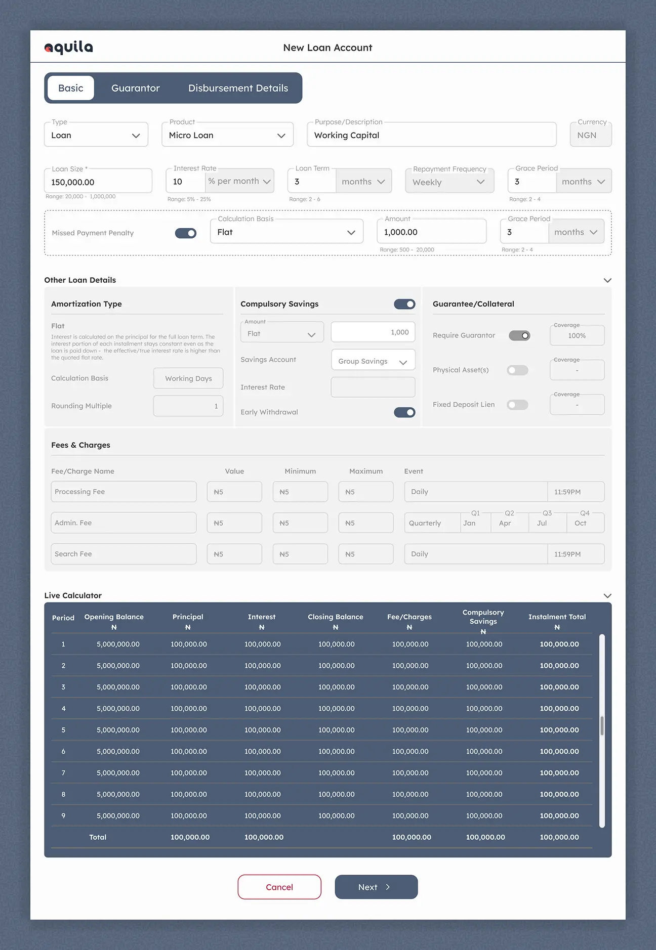 Aquila loan creation — compulsory savings configuration
