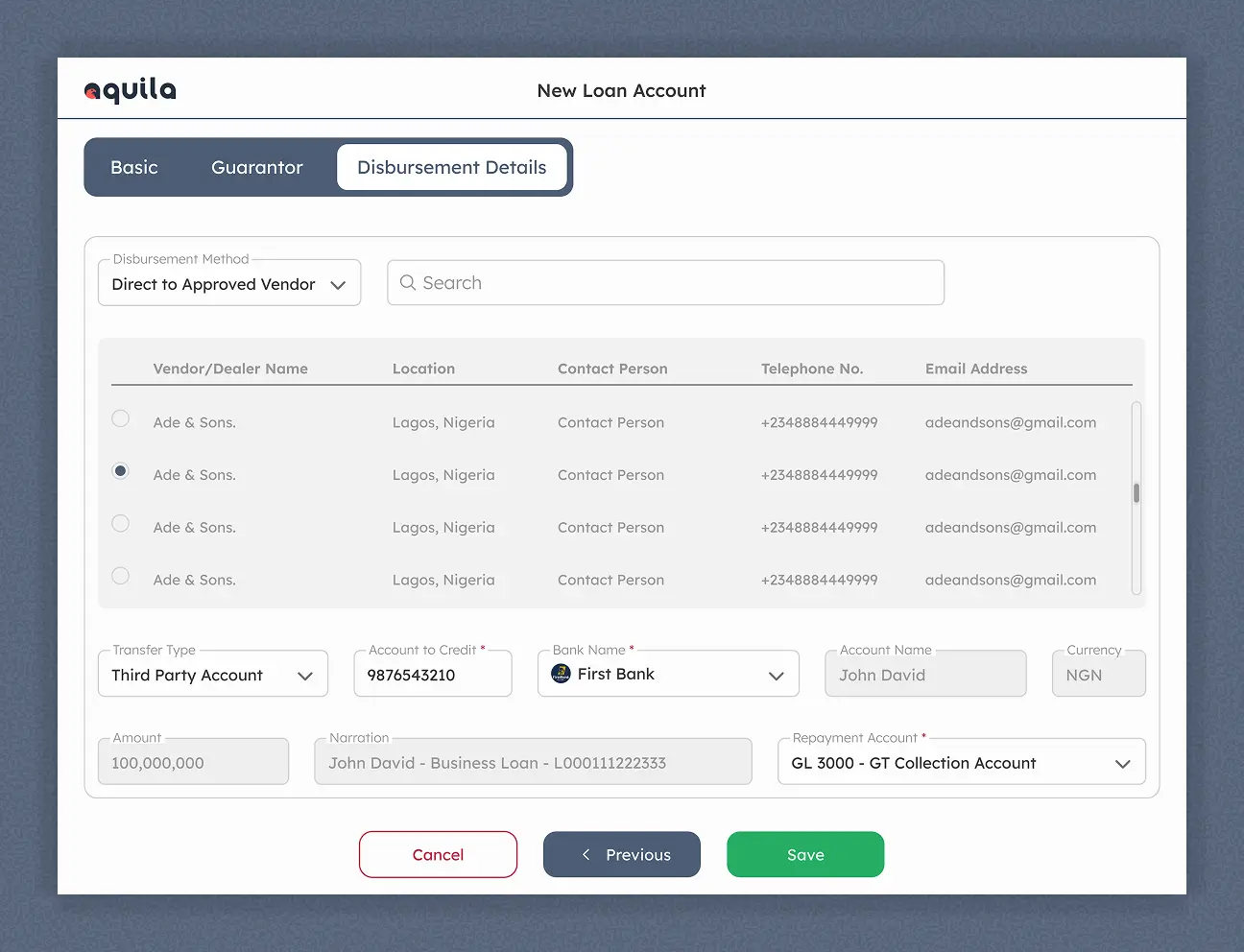 Aquila loan creation — approved vendor disbursement