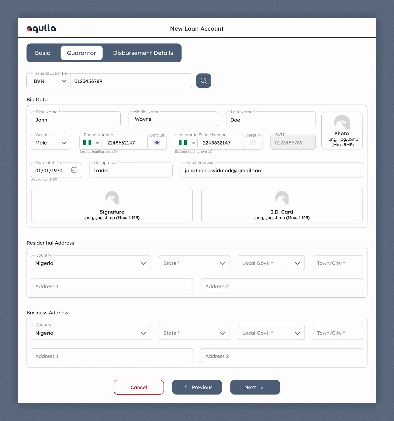 Aquila loan creation — guarantor details